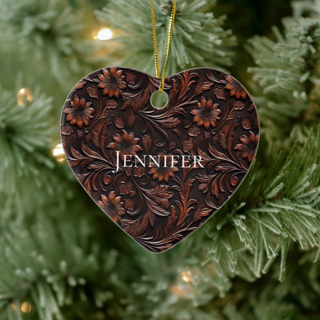 Ornamento De Cerâmica Sudoeste Faux Brown Leather Cowhide Flowers Nome (Árvore)