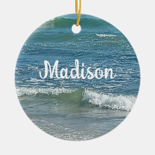 Ornamento De Cerâmica Sudsy Blue Atlantic Sea Shore Nome Personalizado (Frente)
