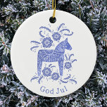 Ornamento De Cerâmica Sueco Dala Horse Deus Jul Blue White<br><div class="desc">Pintura azul festiva e branca de um Cavalo Dala sueco. Altere ou remova a saudação de Deus para personalizar. Arte original de Nic Squirrell.</div>