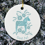 Ornamento De Cerâmica Sueco Dala Horse God Jul Teal White<br><div class="desc">Pintor branco e verde-pérola festivo de um Cavalo Dala sueco. Altere ou remova a saudação de Deus para personalizar. Arte original de Nic Squirrell.</div>
