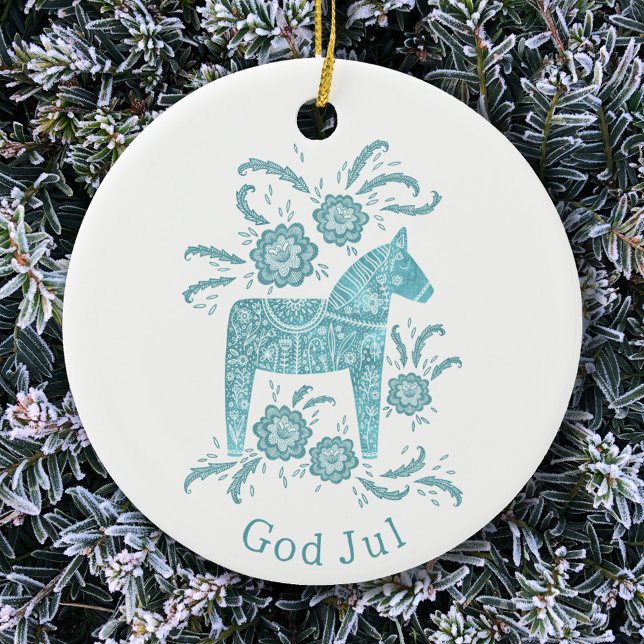 Ornamento De Cerâmica Sueco Dala Horse God Jul Teal White (Criador carregado)