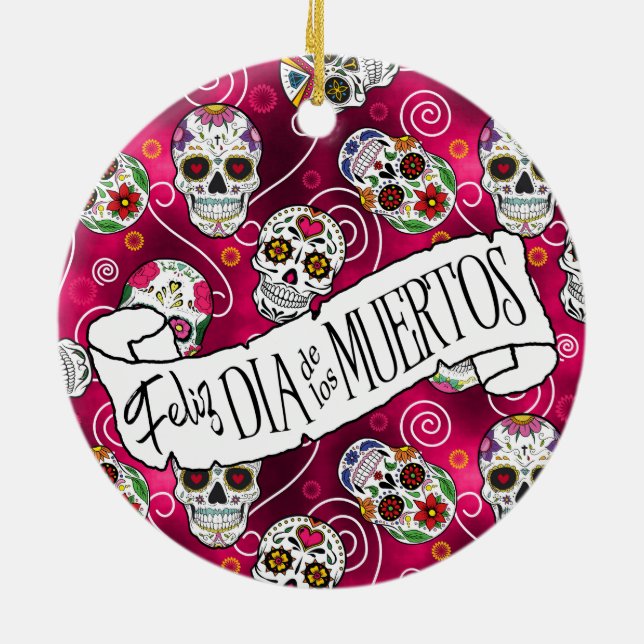 Ornamento De Cerâmica Sugar Skulls and Swirls Rosa Red ID725 (Traseira)