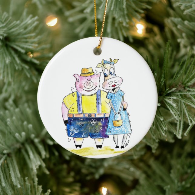 Ornamento De Cerâmica Suínos e Vacas, brancos e cúbicos (Árvore)