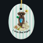 Ornamento De Cerâmica Summer Beach Chocolate Lab Cão Labrador Retriever<br><div class="desc">Labrador Retriever no Verão - Laboratório de Chocolate Bonito em férias de verão na praia vestindo óculos de sol e brincando na areia com um castelo de areia, pá, balde, peixe-estrela, concha e um sol feliz sorridente com óculos de sol. Copyright © Angi Laframboise. Engraçado, presentes sazonais de raças de...</div>