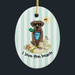 Ornamento De Cerâmica Summer Beach Chocolate Lab Cão Labrador Retriever<br><div class="desc">Labrador Retriever no Verão - Laboratório de Chocolate Bonito em férias de verão na praia vestindo óculos de sol e brincando na areia com um castelo de areia, pá, balde, peixe-estrela, concha e um sol feliz sorridente com óculos de sol. Copyright © Angi Laframboise. Engraçado, presentes sazonais de raças de...</div>