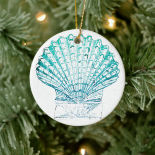 Ornamento De Cerâmica summer beach teal blue watercolor mermaid seashell