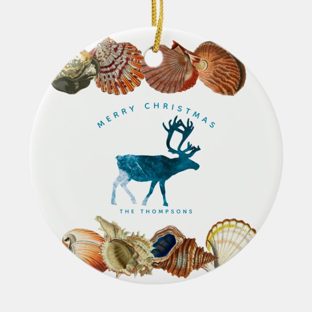 Ornamento De Cerâmica Summer Christmas Beach Seashell Reindeer (Frente)