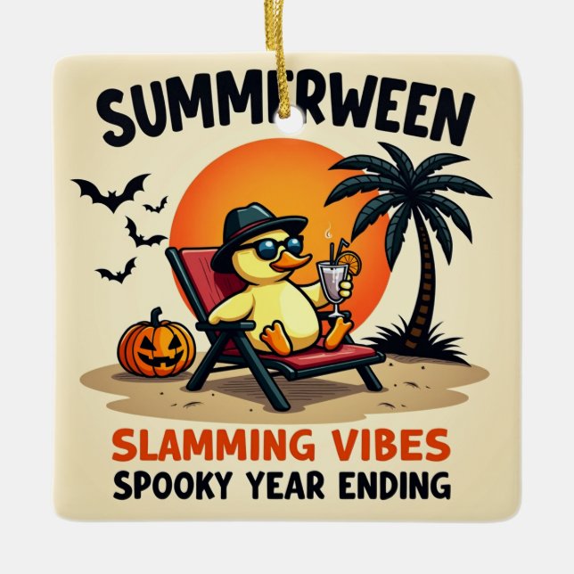 Ornamento De Cerâmica Summer Duck And Pretty Witch Halloween (Frente)