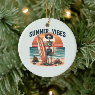 Ornamento De Cerâmica Summer Vibes Skeleton Surfer Sunset Beach Design