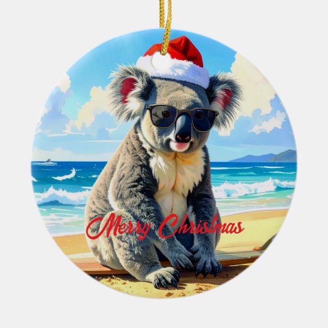 Ornamento De Cerâmica Sun e Surf Koala Santa Hat (Frente)