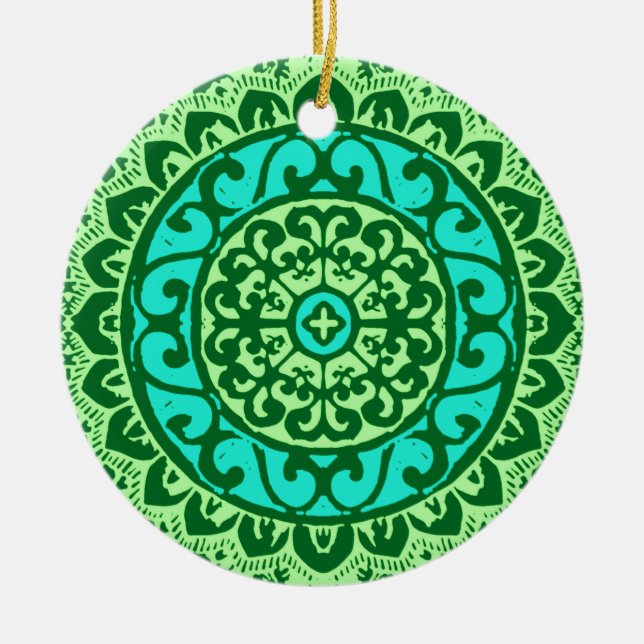 Ornamento De Cerâmica Sun Mandala, verde e turquesa do sudoeste (Frente)