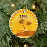 Ornamento De Cerâmica Sunburst Tropical, Palm Trees Beach Personalizada<br><div class="desc">Enfeites de natal Personalizado Tropical Sunburst Beach.</div>