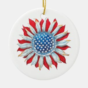Ornamento De Cerâmica Sunflower American Flag 4 de julho Women Men Meri