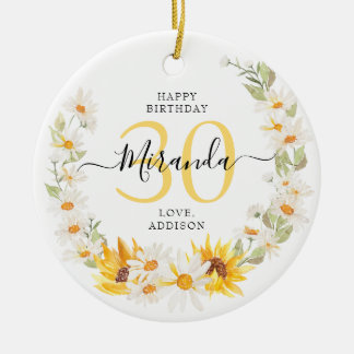 Ornamento De Cerâmica Sunflower & Daisy Wreath Floral 30 anos