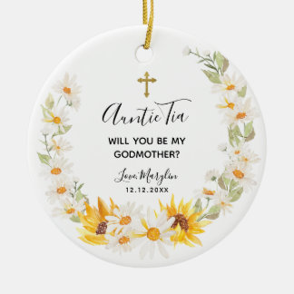 Ornamento De Cerâmica Sunflower & Daisy Wreath Você será a Madrinha