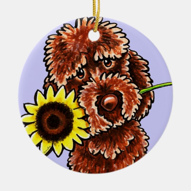 Ornamento De Cerâmica Sunny Chocolate Labradoodle Off-Leash Art™ (Frente)