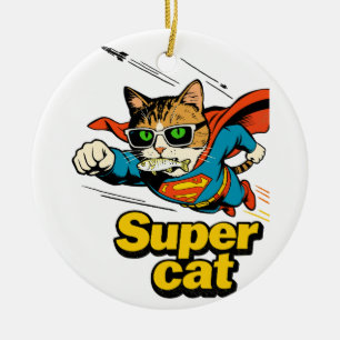 Ornamento De Cerâmica Super Gato Voando com Peixe