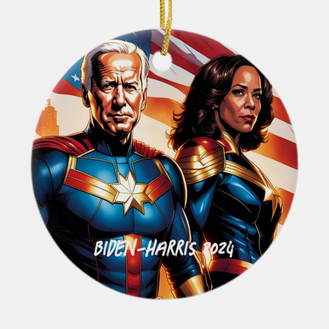 Ornamento De Cerâmica Super-herói Joe Biden e Kamala Harris (Frente)