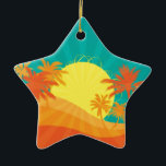 Ornamento De Cerâmica Surf tropical de Sunset Beach design<br><div class="desc">Com um design de praia retrortropical ao pôr do sol com palmeiras. Esse design surf é de cores vermelho,  laranja e amarelo e traz à mente um resort quente de praia tropical no verão. Para amantes do sol,  surf e areia e pôrs do sol tropicais.</div>