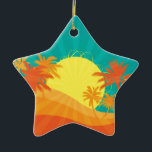 Ornamento De Cerâmica Surf tropical de Sunset Beach design<br><div class="desc">Com um design de praia retrortropical ao pôr do sol com palmeiras. Esse design surf é de cores vermelho,  laranja e amarelo e traz à mente um resort quente de praia tropical no verão. Para amantes do sol,  surf e areia e pôrs do sol tropicais.</div>