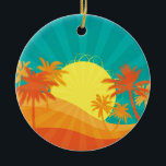 Ornamento De Cerâmica Surf tropical de Sunset Beach design<br><div class="desc">Com um design de praia retrortropical ao pôr do sol com palmeiras. Esse design surf é de cores vermelho,  laranja e amarelo e traz à mente um resort quente de praia tropical no verão. Para amantes do sol,  surf e areia e pôrs do sol tropicais.</div>