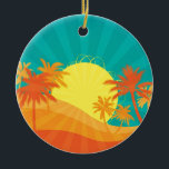 Ornamento De Cerâmica Surf tropical de Sunset Beach design<br><div class="desc">Com um design de praia retrortropical ao pôr do sol com palmeiras. Esse design surf é de cores vermelho,  laranja e amarelo e traz à mente um resort quente de praia tropical no verão. Para amantes do sol,  surf e areia e pôrs do sol tropicais.</div>