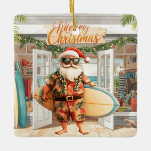 Ornamento De Cerâmica Surfando o Natal com o Papai Noel