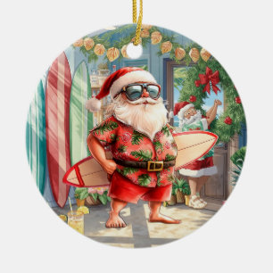 Ornamento De Cerâmica Surfando o Natal com o Papai Noel surfista
