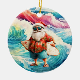 Ornamento De Cerâmica Surfando o Natal com o Papai Noel surfista