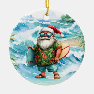 Ornamento De Cerâmica Surfando o Natal com o Papai Noel surfista 