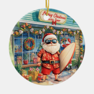 Ornamento De Cerâmica Surfando o Natal com o Papai Noel surfista