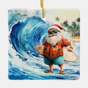 Ornamento De Cerâmica Surfando o Natal com o Papai Noel surfista
