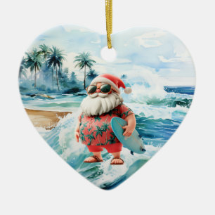 Ornamento De Cerâmica Surfando o Natal com Papai Noel surfista