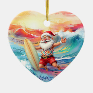 Ornamento De Cerâmica Surfando o Natal com Papai Noel surfista