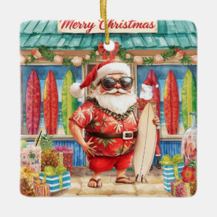 Ornamento De Cerâmica Surfando o Natal com Papai Noel surfista Cerâmica