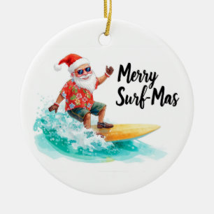 Ornamento De Cerâmica Surfando o Natal no Havaí Tropical Santa Férias