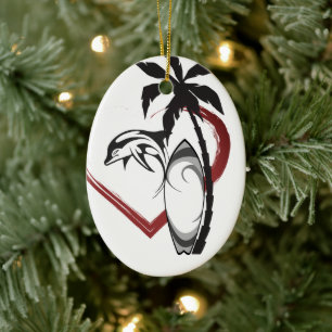 Ornamento De Cerâmica Surfboard Personalizada no Golfinho Surfing