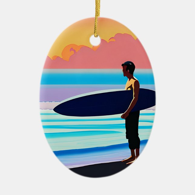 Ornamento De Cerâmica Surfer em uma praia no Sunset (Frente)