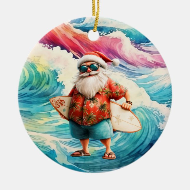 Ornamento De Cerâmica Surfing Christmas with Santa Claus surfer  (Frente)