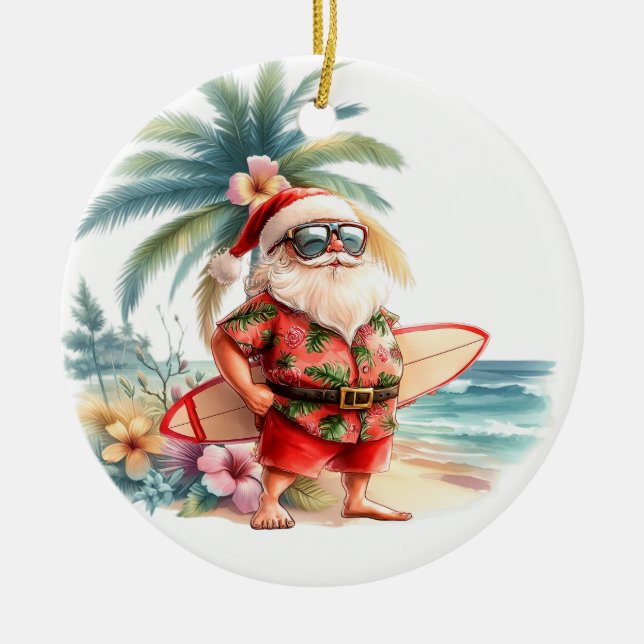 Ornamento De Cerâmica Surfing Christmas with Santa Claus surfer  (Frente)