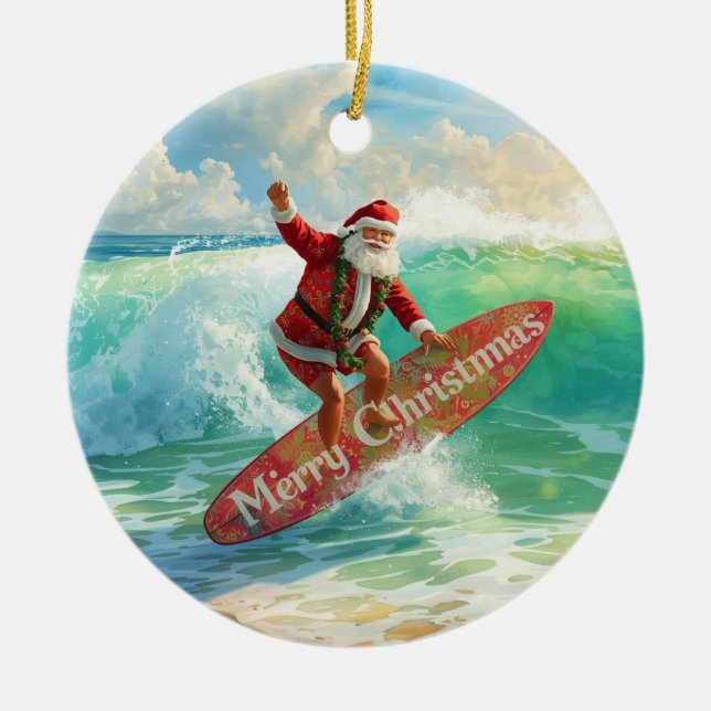 Ornamento De Cerâmica Surfing Christmas with Santa Claus surfer  (Frente)