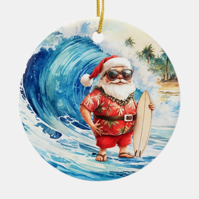 Ornamento De Cerâmica Surfing Christmas with Santa Claus surfer  (Frente)