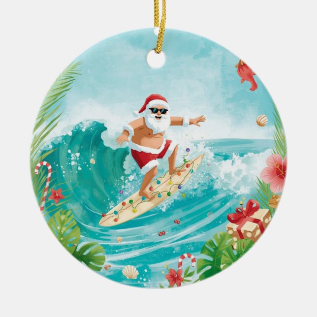 Ornamento De Cerâmica Surfing Christmas with Santa Claus surfer  (Frente)
