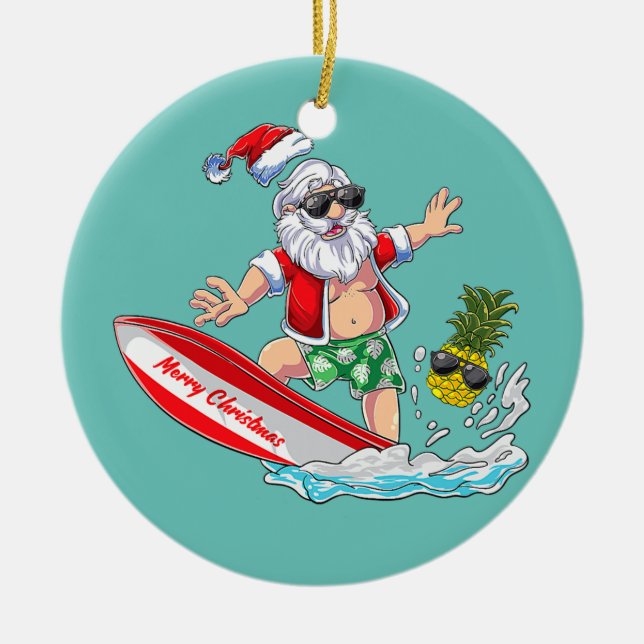 Ornamento De Cerâmica Surfing Papais noeis Praia Feriado Passa Natal em (Frente)