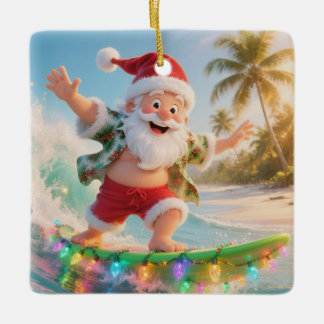 Ornamento De Cerâmica Surfing Santa Tropical Christmas