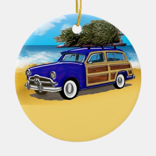 Ornamento De Cerâmica Surfing Woodie com Árvore de Natal (Frente)