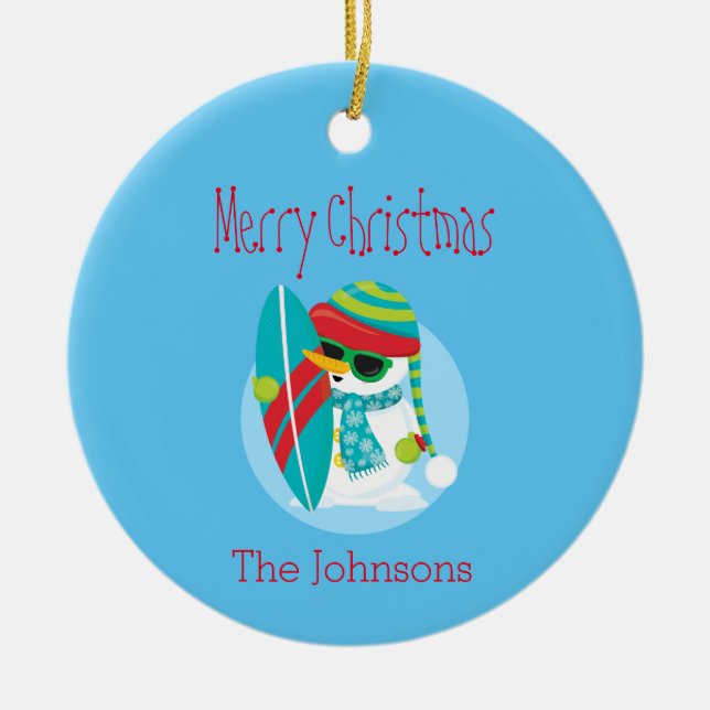 Ornamento De Cerâmica Surfista de Natal legal Snowman (Frente)