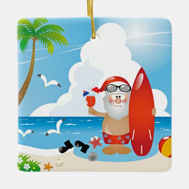 Ornamento De Cerâmica surfista santa claus (Frente)