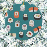 Ornamento De Cerâmica Sushi Teal Cerâmica<br><div class="desc">Mostre seu amor por sushi,  nigiri e maki rolls com este Enfeites de natal alternativo divertido. Arte original de Nic Squirrell. Tente as outras formas para ver qual você prefere,  ou peça uma variedade para decoração coesa!</div>