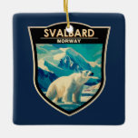 Ornamento De Cerâmica Svalbard Norway Polar Bear Viagem Art Vintage<br><div class="desc">Svalbard num estilo de arte vetorial. Uma das áreas mais ao norte do mundo,  é conhecida por seu terreno robusto e remoto de geleiras e ursos polares congelados de tundra,  renas de Svalbard e raposas do Ártico.</div>